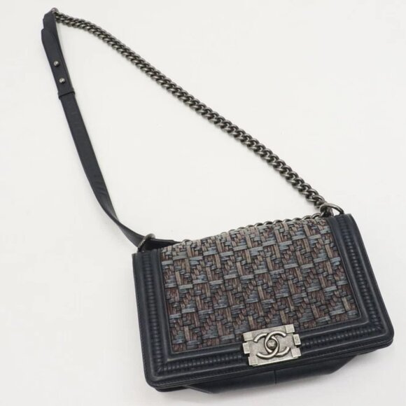 Chanel Medium Woven Boy Flap Bag Blue Dark Calf Leather Crossbody - Picture 5 of 14